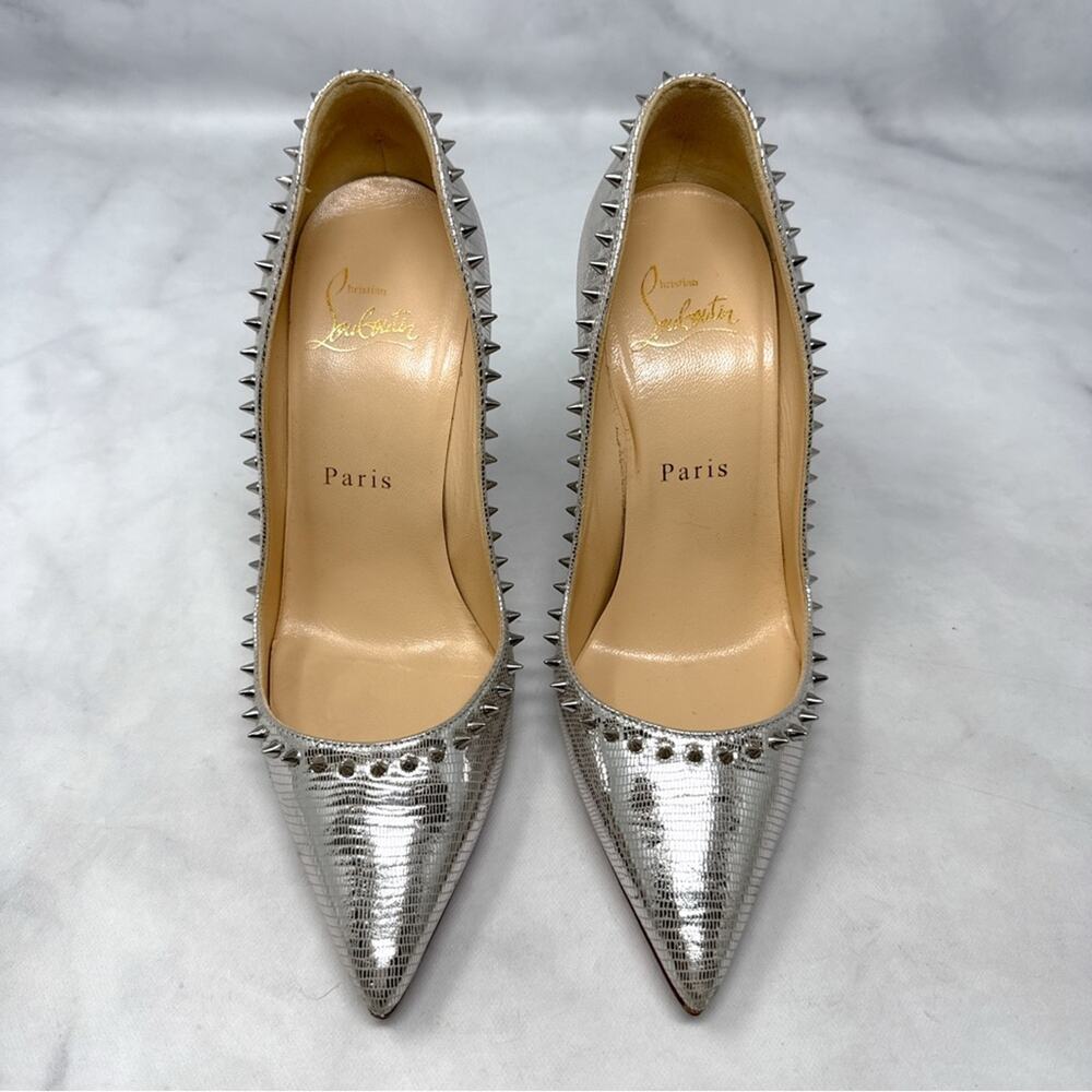 Christian Louboutin Anjalina 100 Spike Stud Trim Chrome Pointed Toe Pumps Heels - Picture 2 of 13